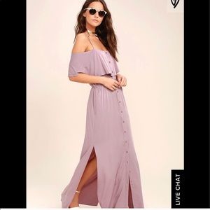 Lulu’s lilac colored dress, leg slit, off shoulder